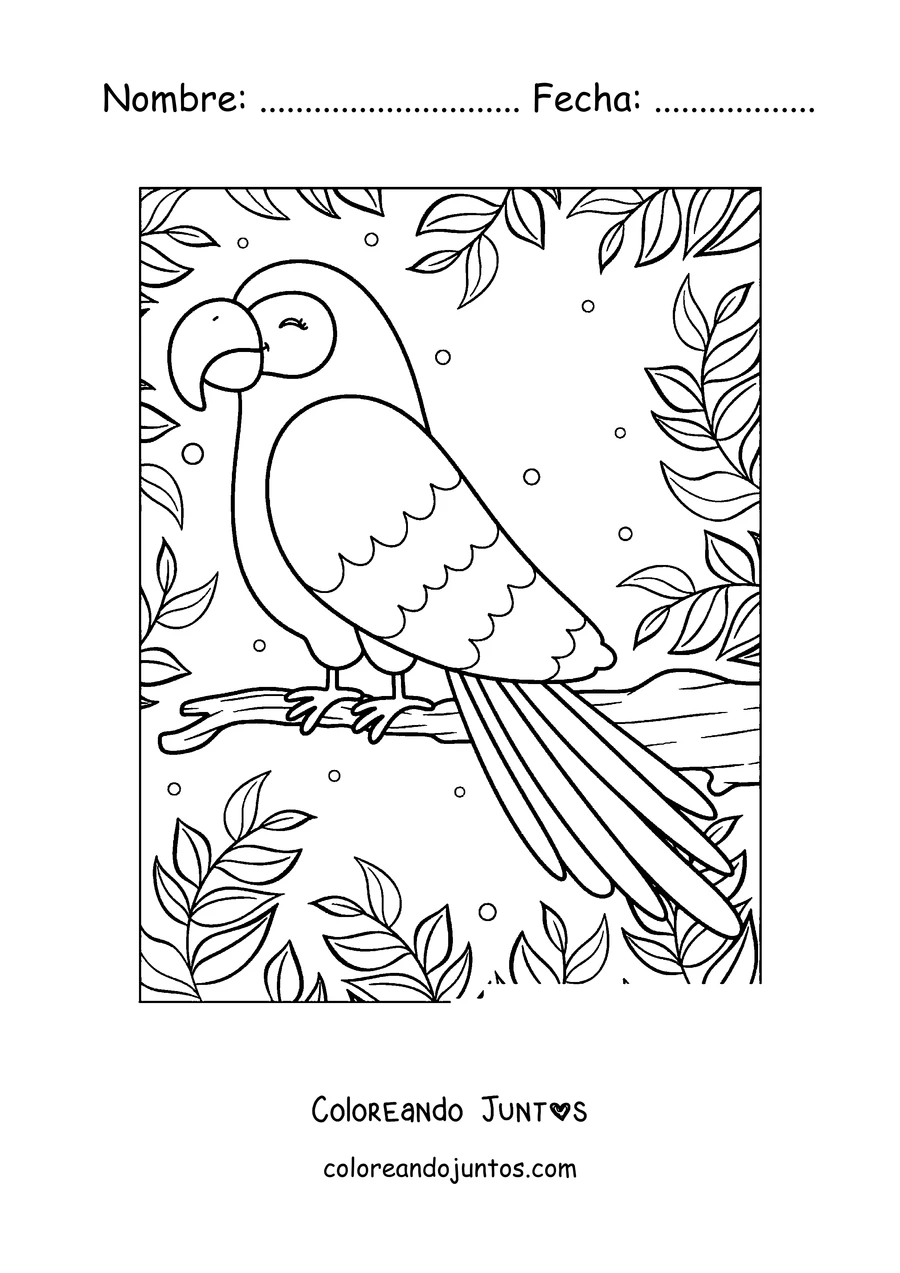 Imagen para colorear de un papagayo sonriente posado entre hojas
