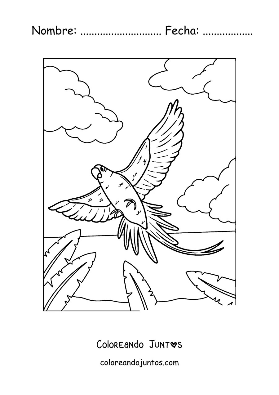 Imagen para colorear de un papagayo tropical volando sobre la selva