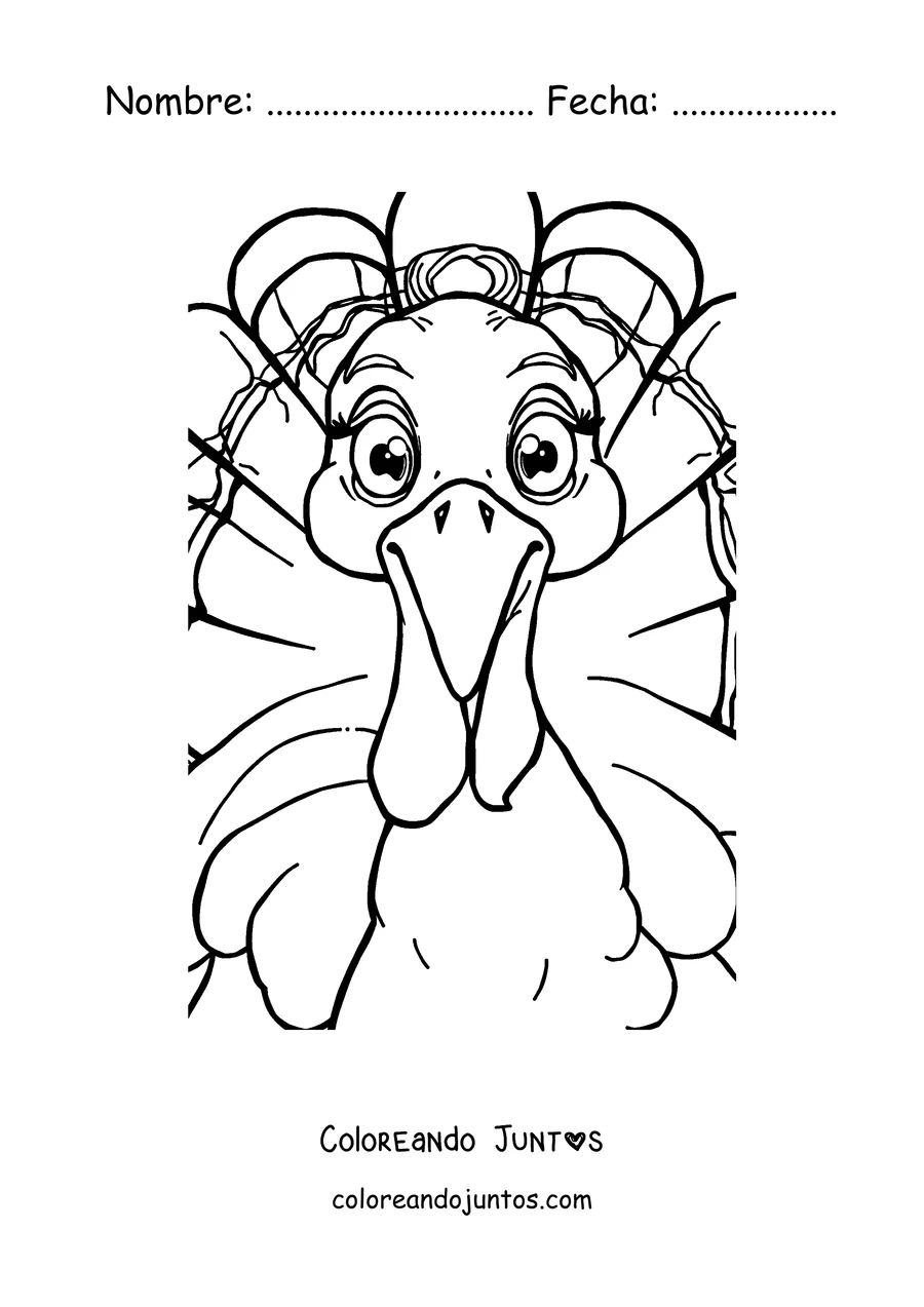 Imagen para colorear de un pavo animado con una gran sonrisa