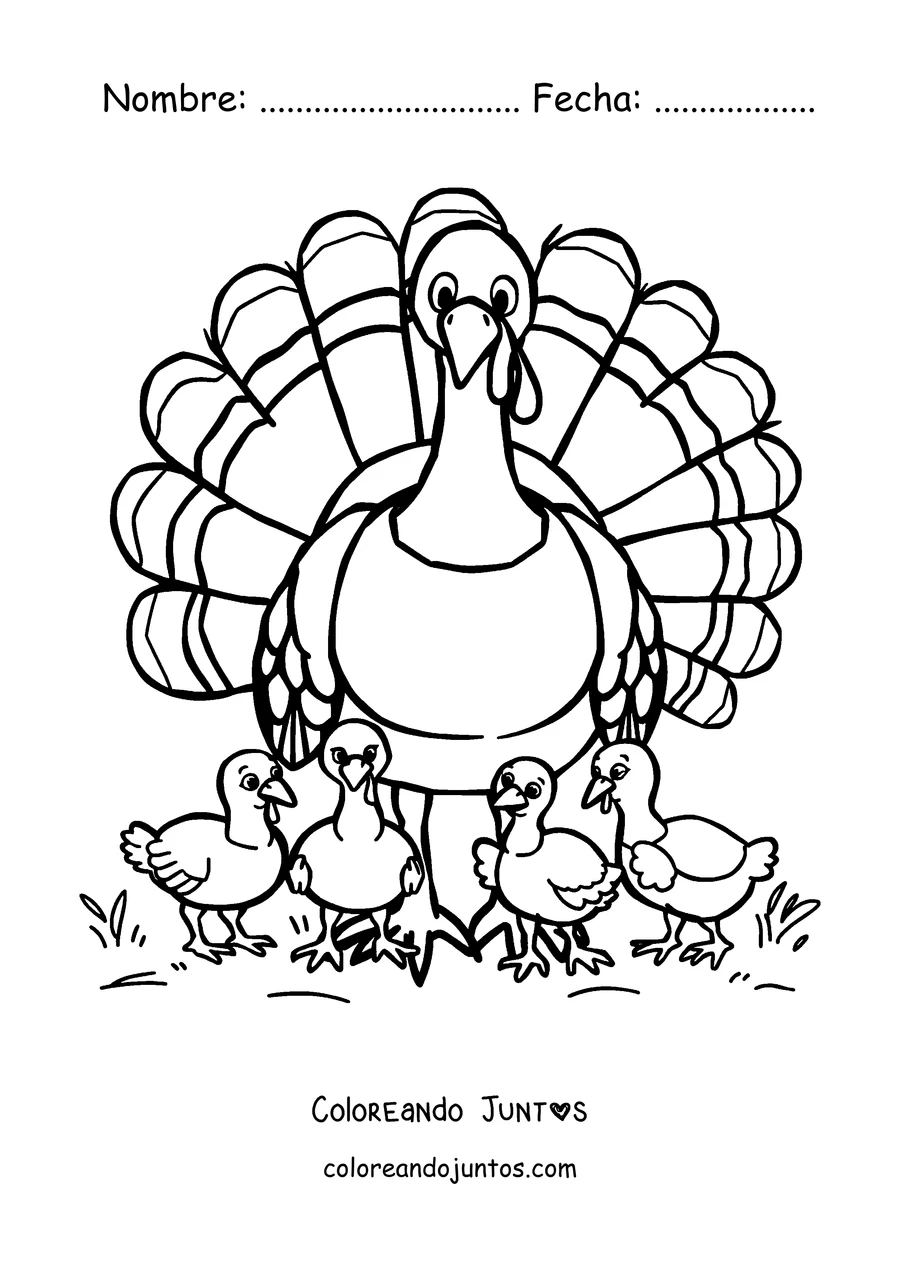 Imagen para colorear de un pavo con sus pavitos al lado