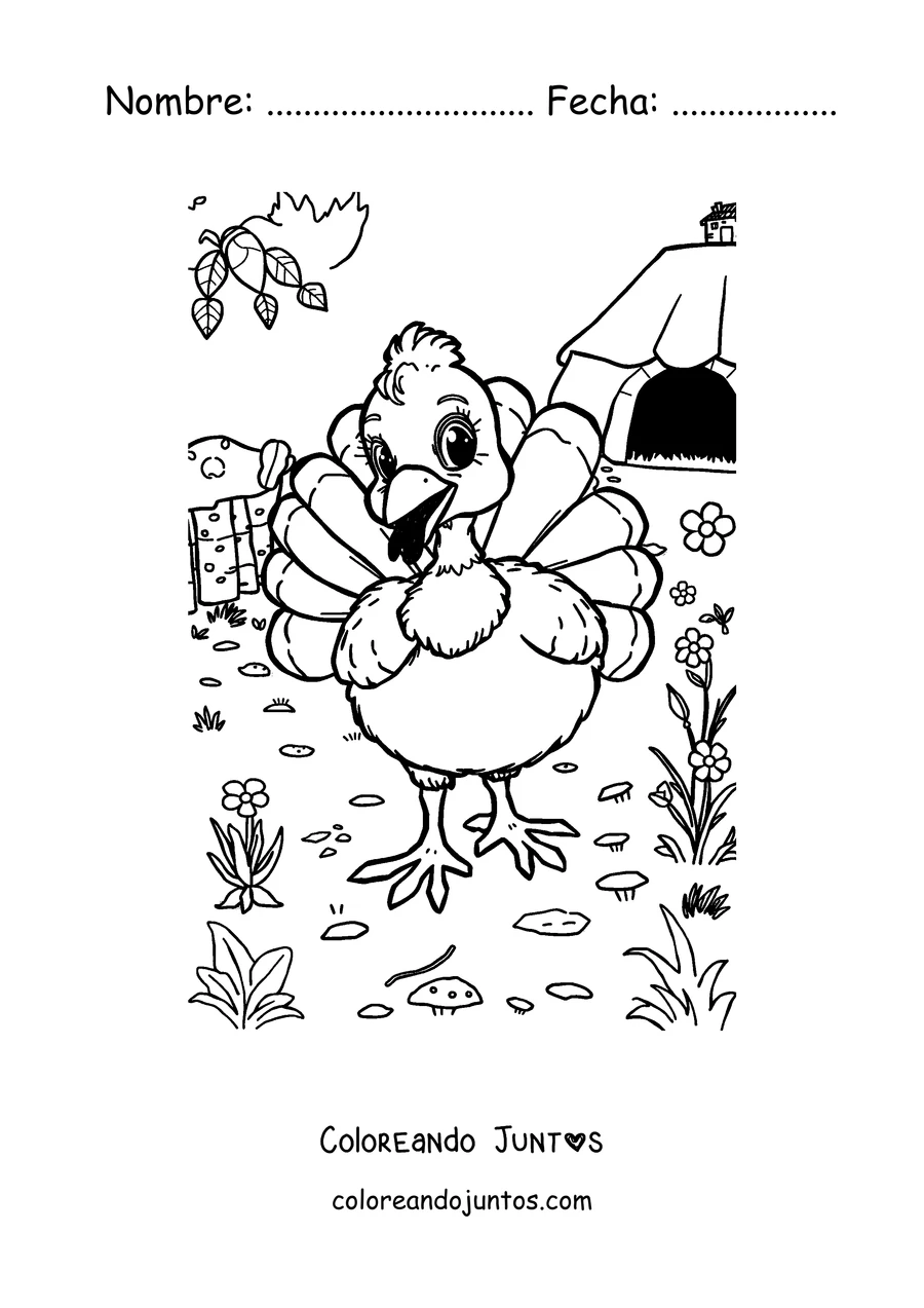 Imagen para colorear de un pavo contento paseando por el campo
