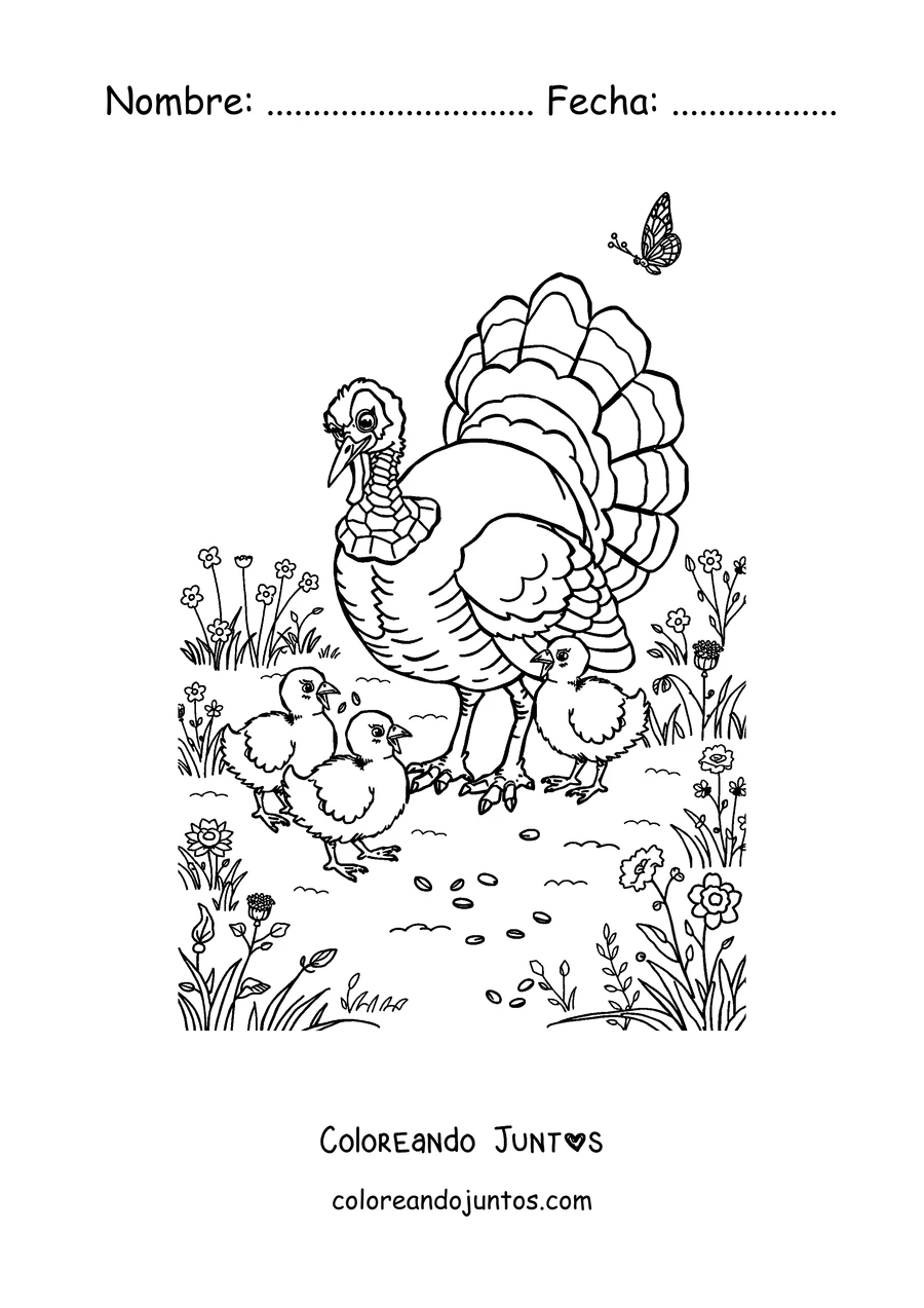 Imagen para colorear de un pavo rodeado de hojas de otoño