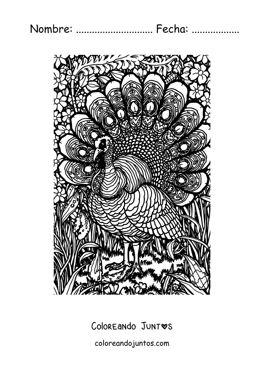 Imagen para colorear de un pavo con las plumas llenas de dibujos