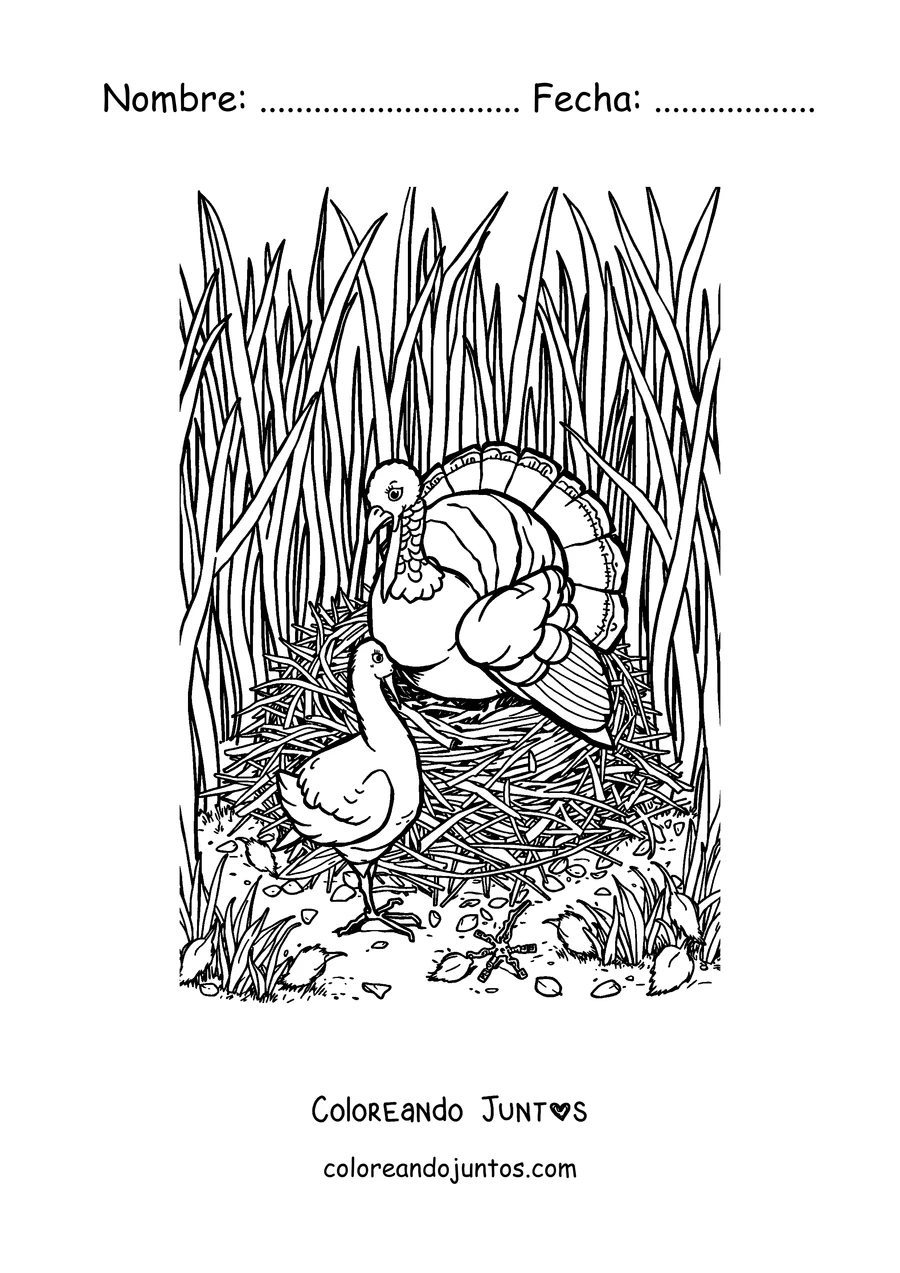 Imagen para colorear de un pavo realista caminando por el pasto