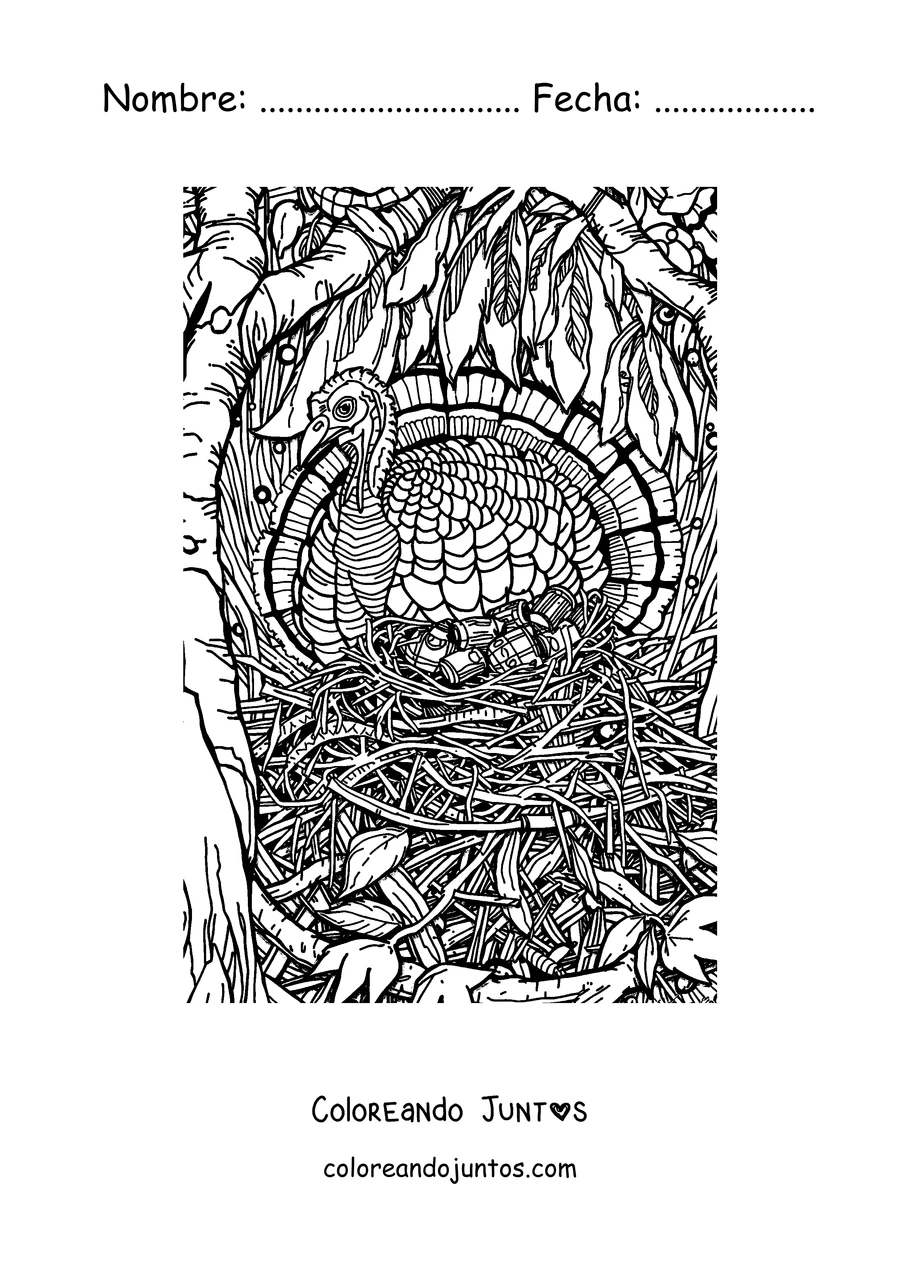 Imagen para colorear de un pavo realista parado entre la hierba
