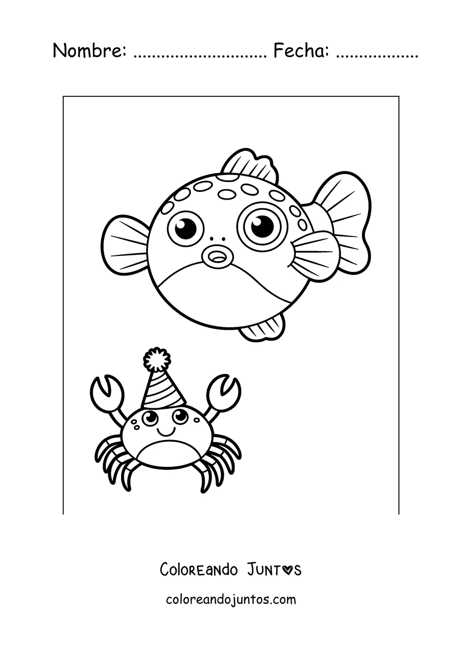 Imagen para colorear de un pez globo con un cangrejo