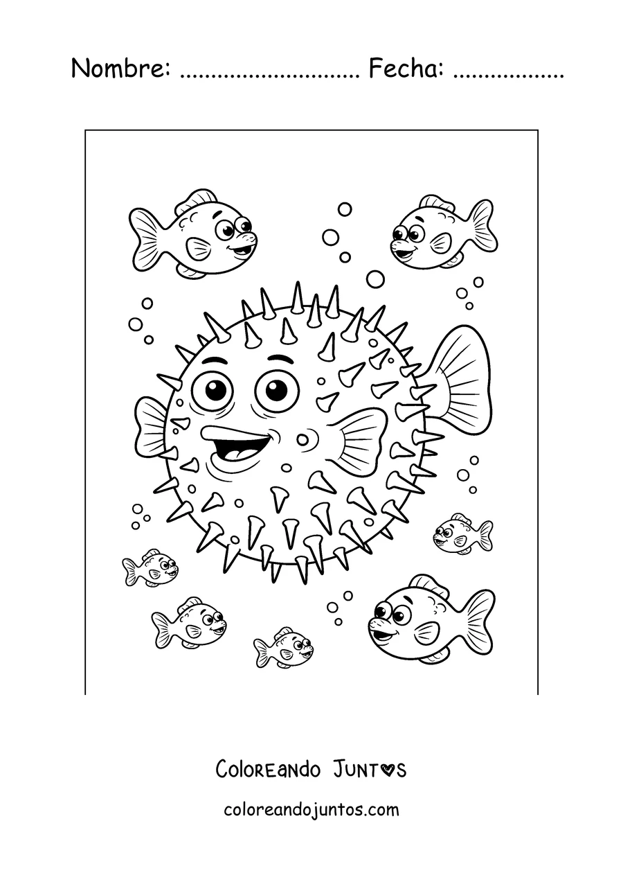 Imagen para colorear de un pez globo nadando con pececitos