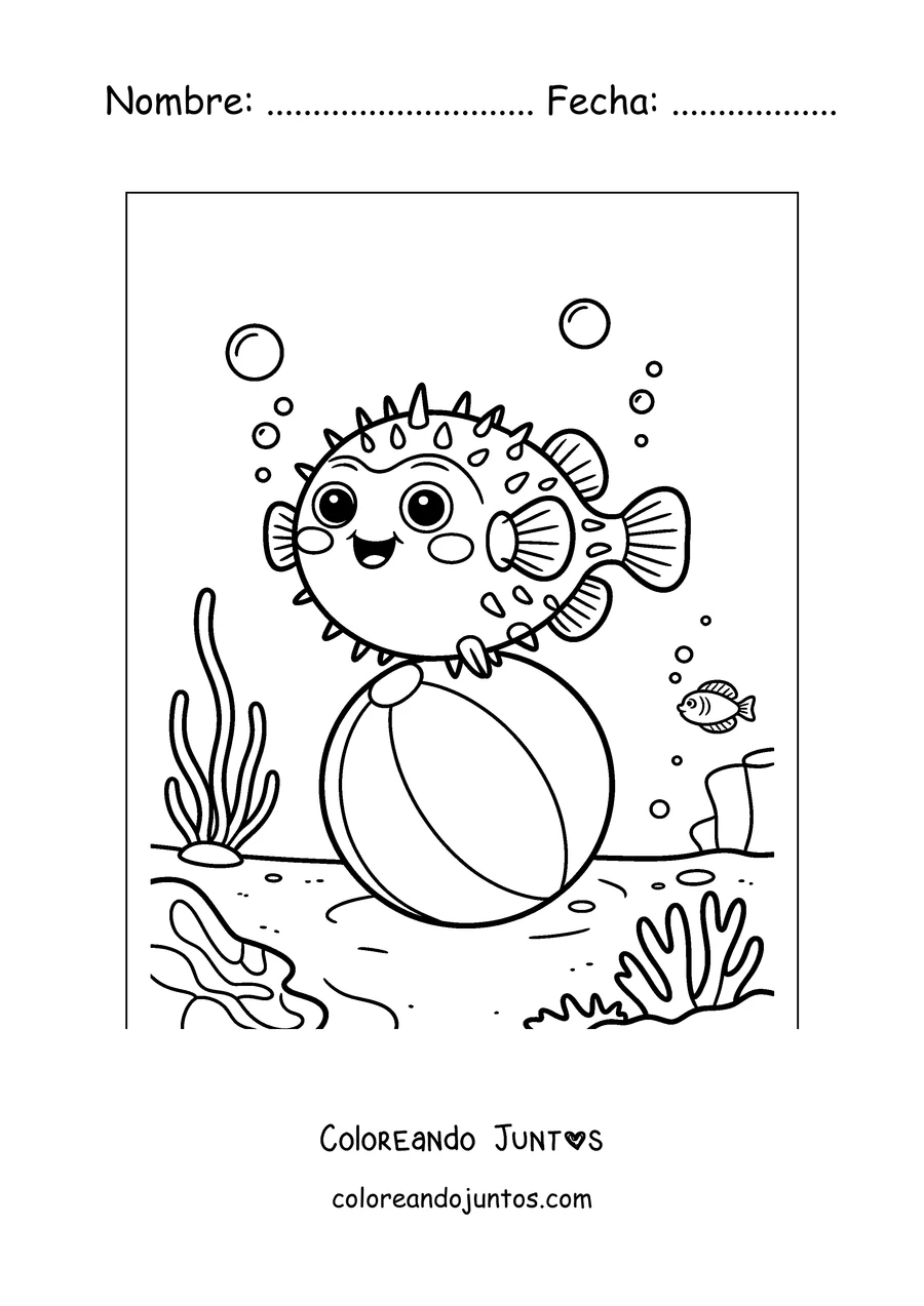 Imagen para colorear de un pez globo jugando con una pelota de playa