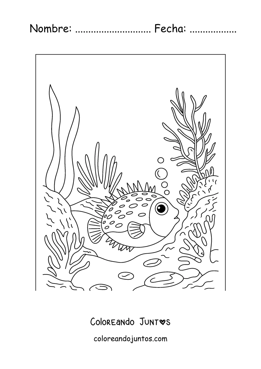 Imagen para colorear de un pez globo en el arrecife de coral