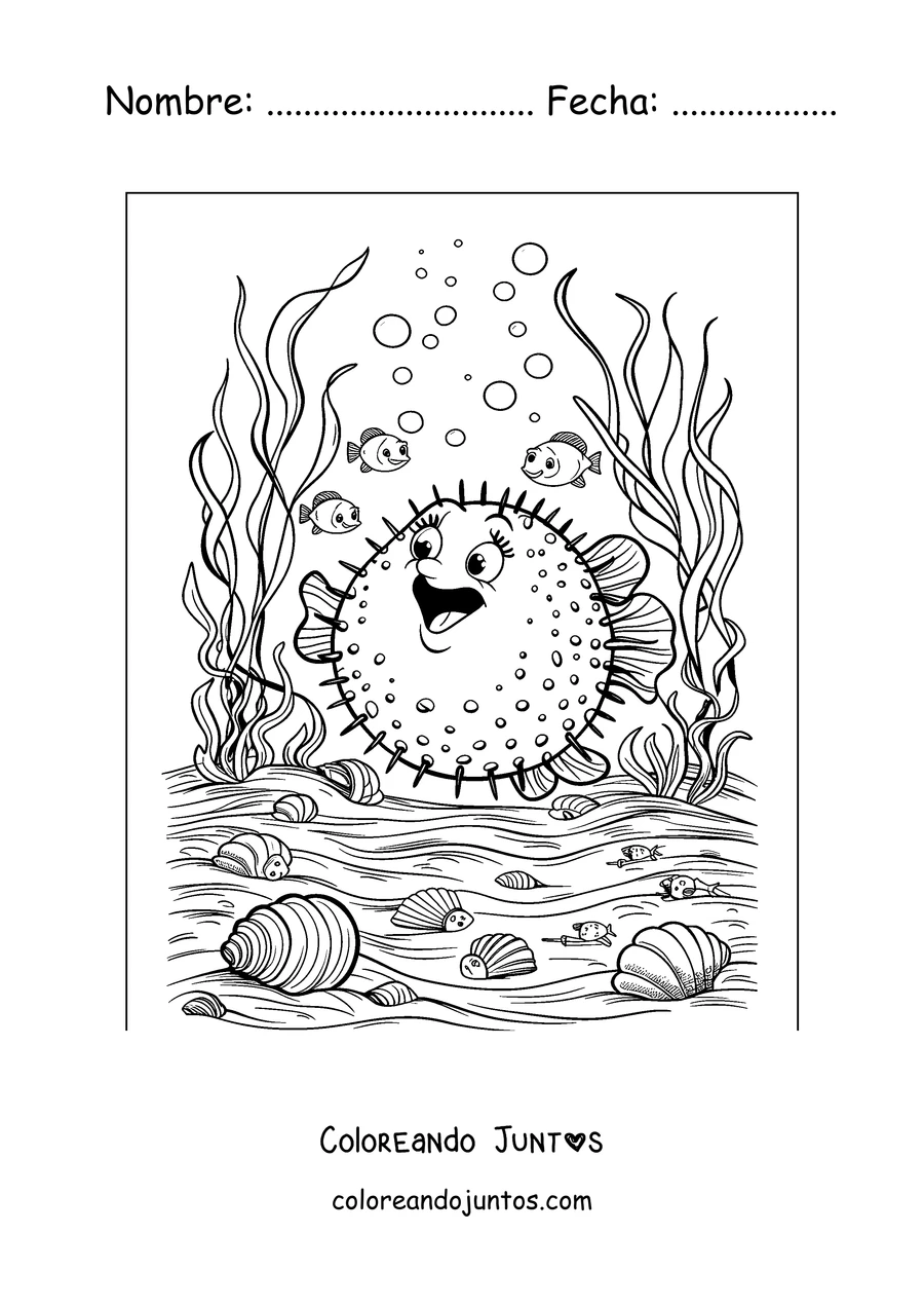 Imagen para colorear de un pez globo en el fondo del mar