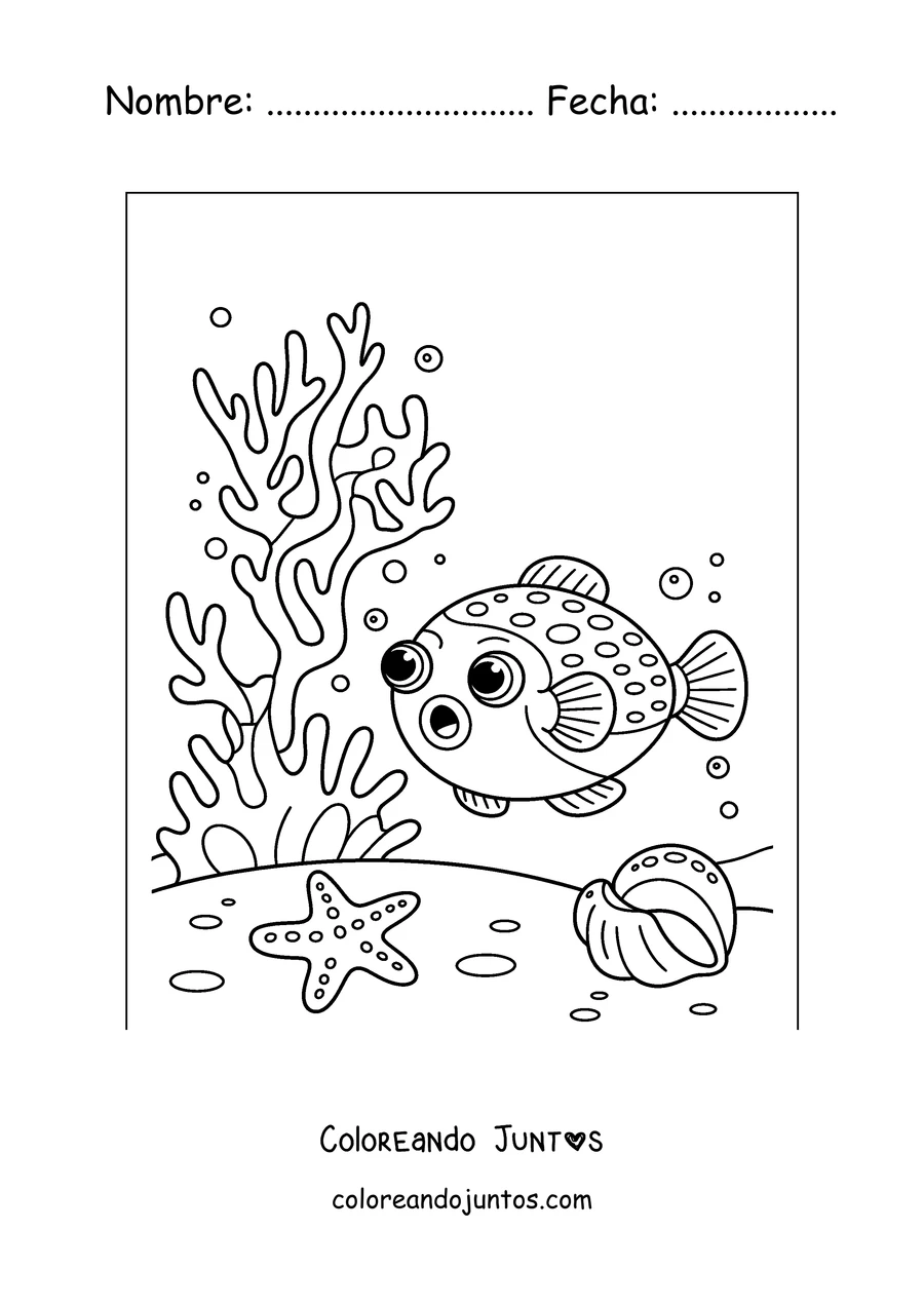 Imagen para colorear de un pez globo entre corales