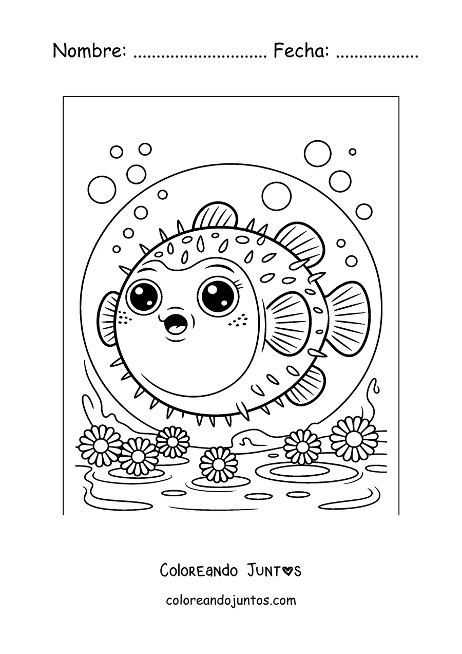 Imagen para colorear de un pez globo entre flores marinas