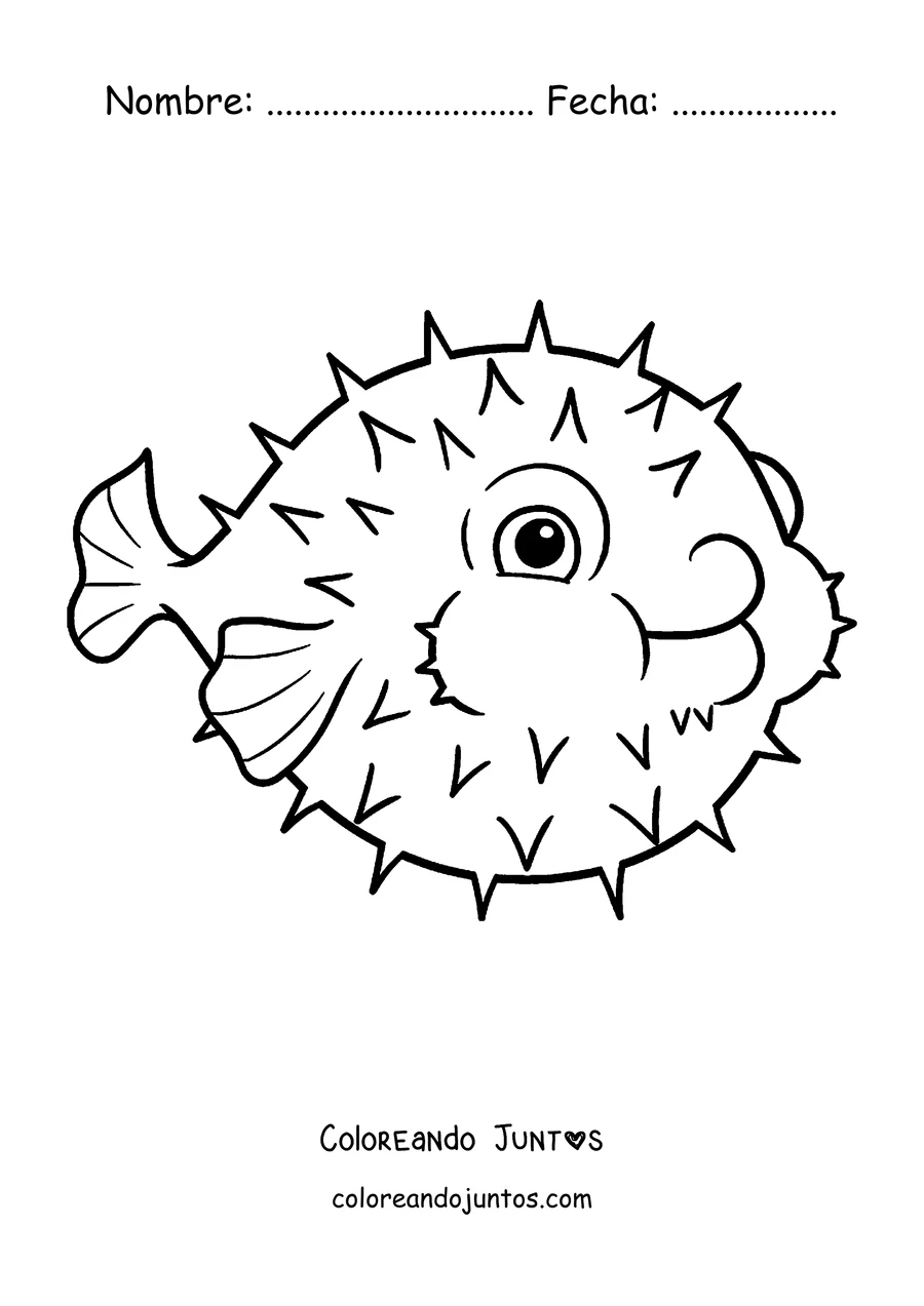 Imagen para colorear de un pez globo inflado con espinas