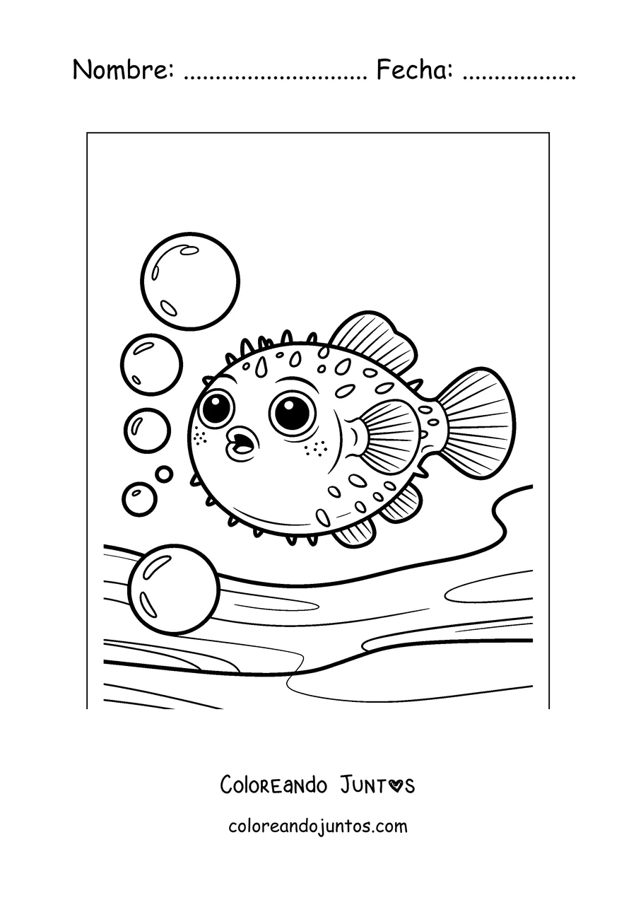 Imagen para colorear de un pez globo soltando burbujas