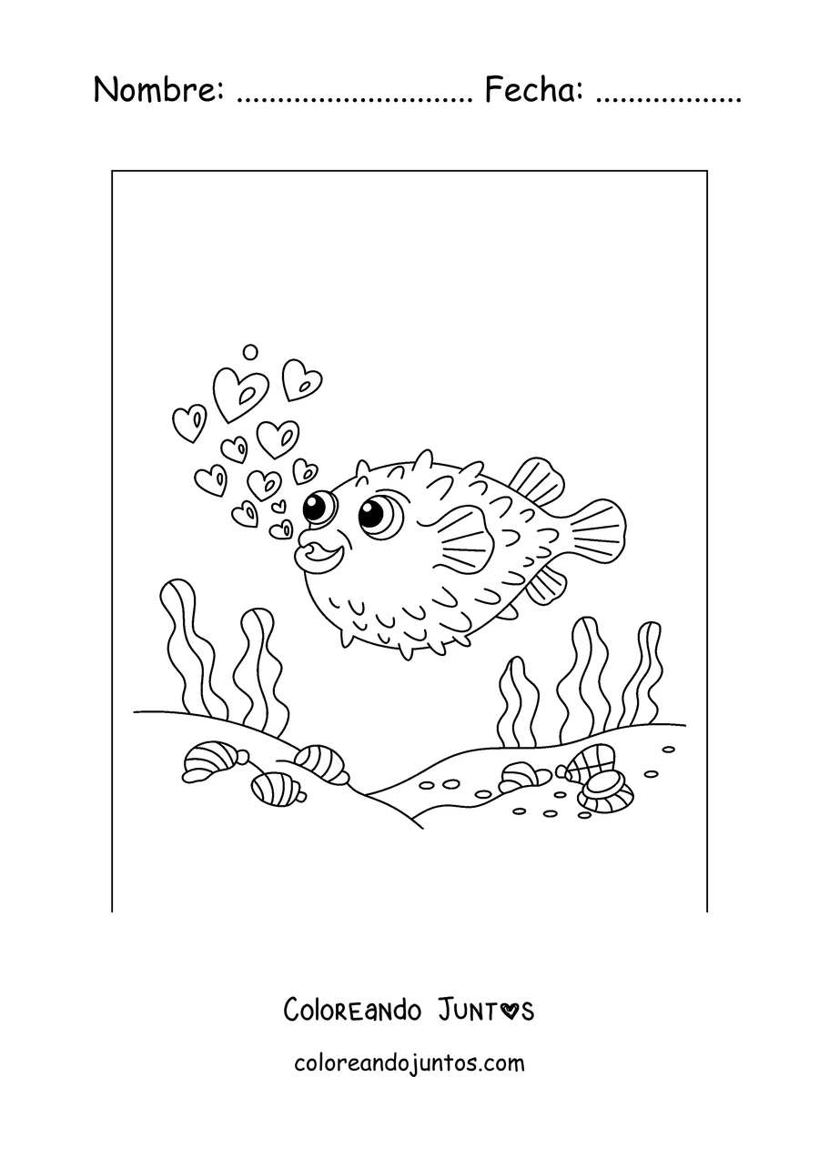 Imagen para colorear de un pez globo soltando corazones