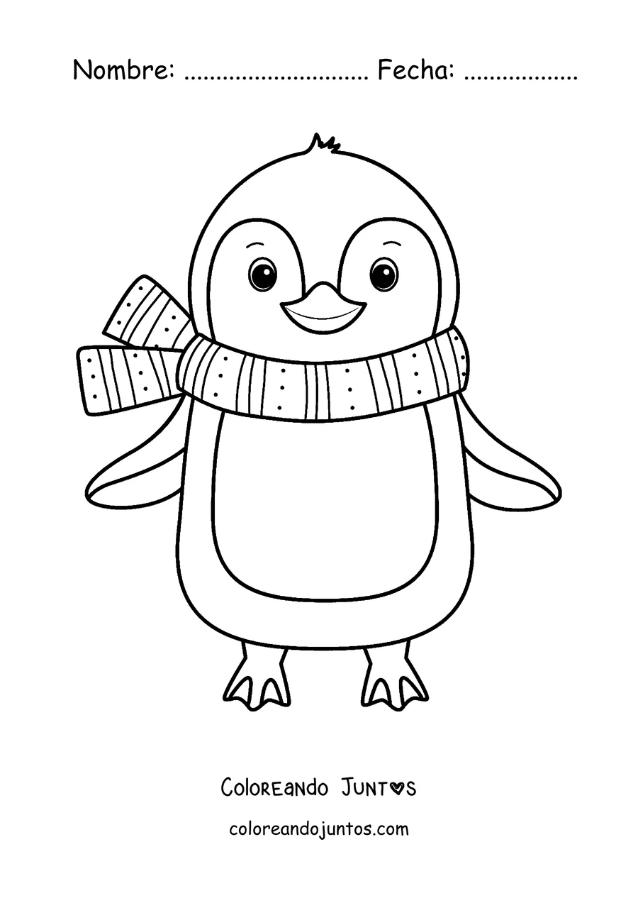 Imagen para colorear de un pingüino de pie con bufanda