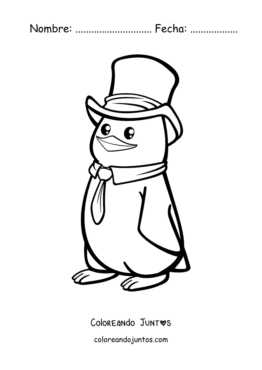 Imagen para colorear de un pingüino con galera y corbata