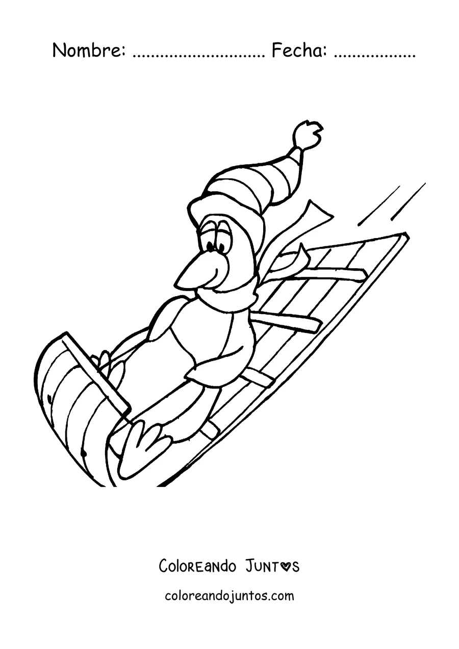 Imagen para colorear de un pingüino bajando en trineo
