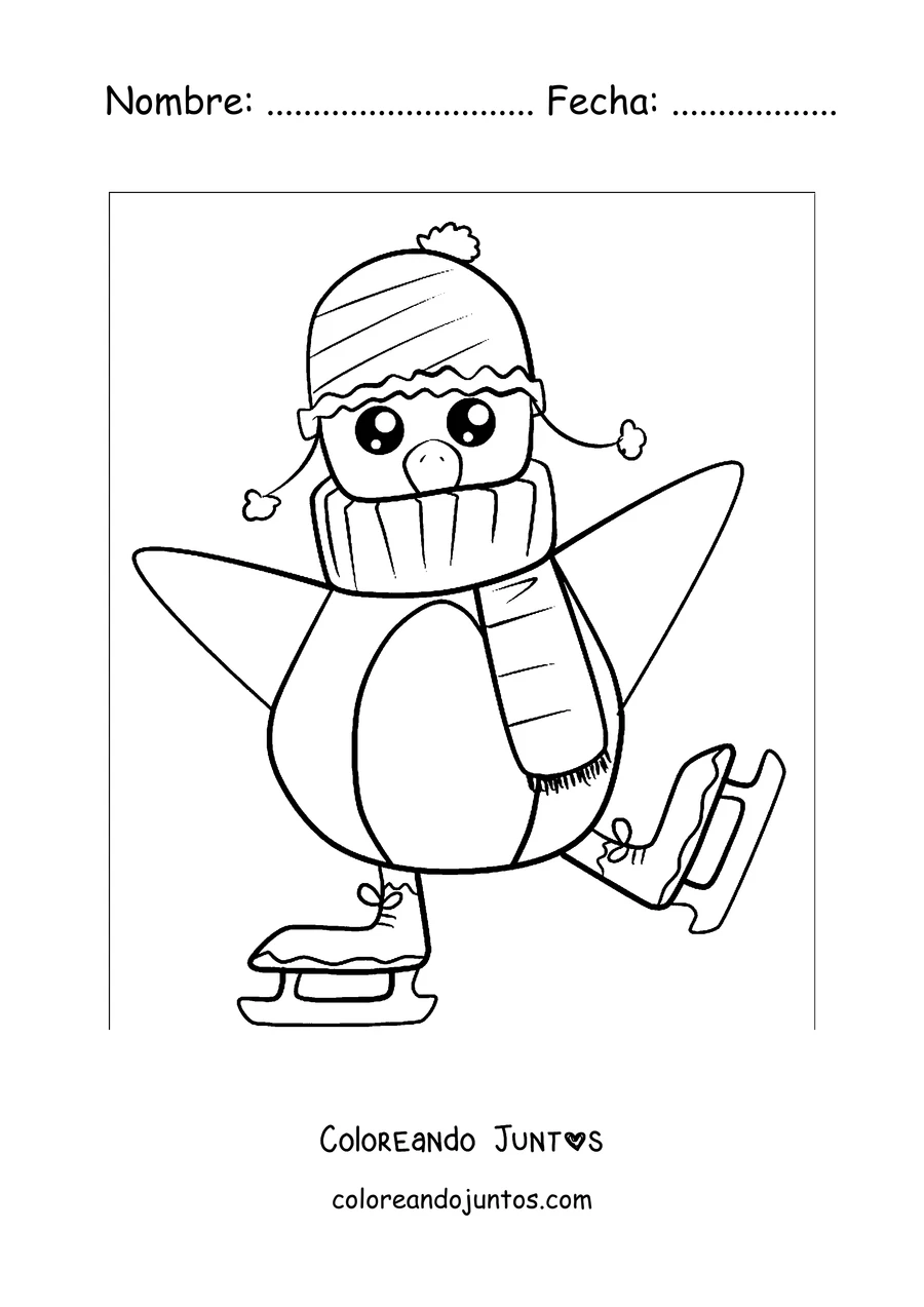 Imagen para colorear de un pingüino patinando sobre hielo