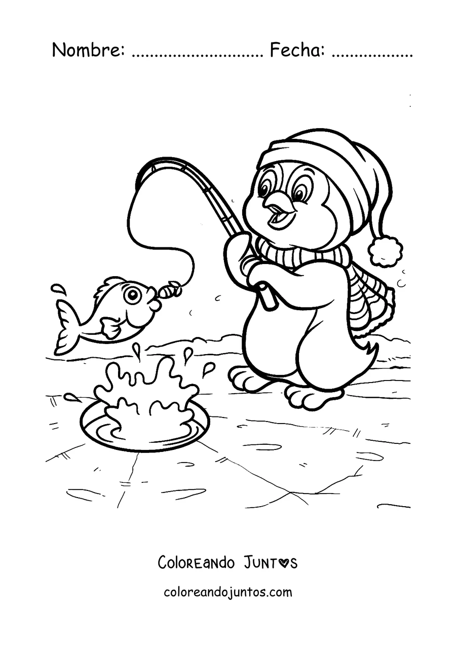 Imagen para colorear de un pingüino pescando en el hielo