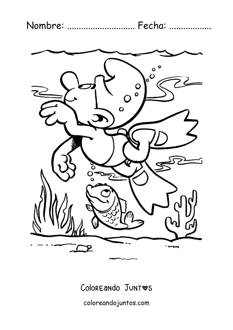 Imagen para colorear de un Pitufo buceando entre peces