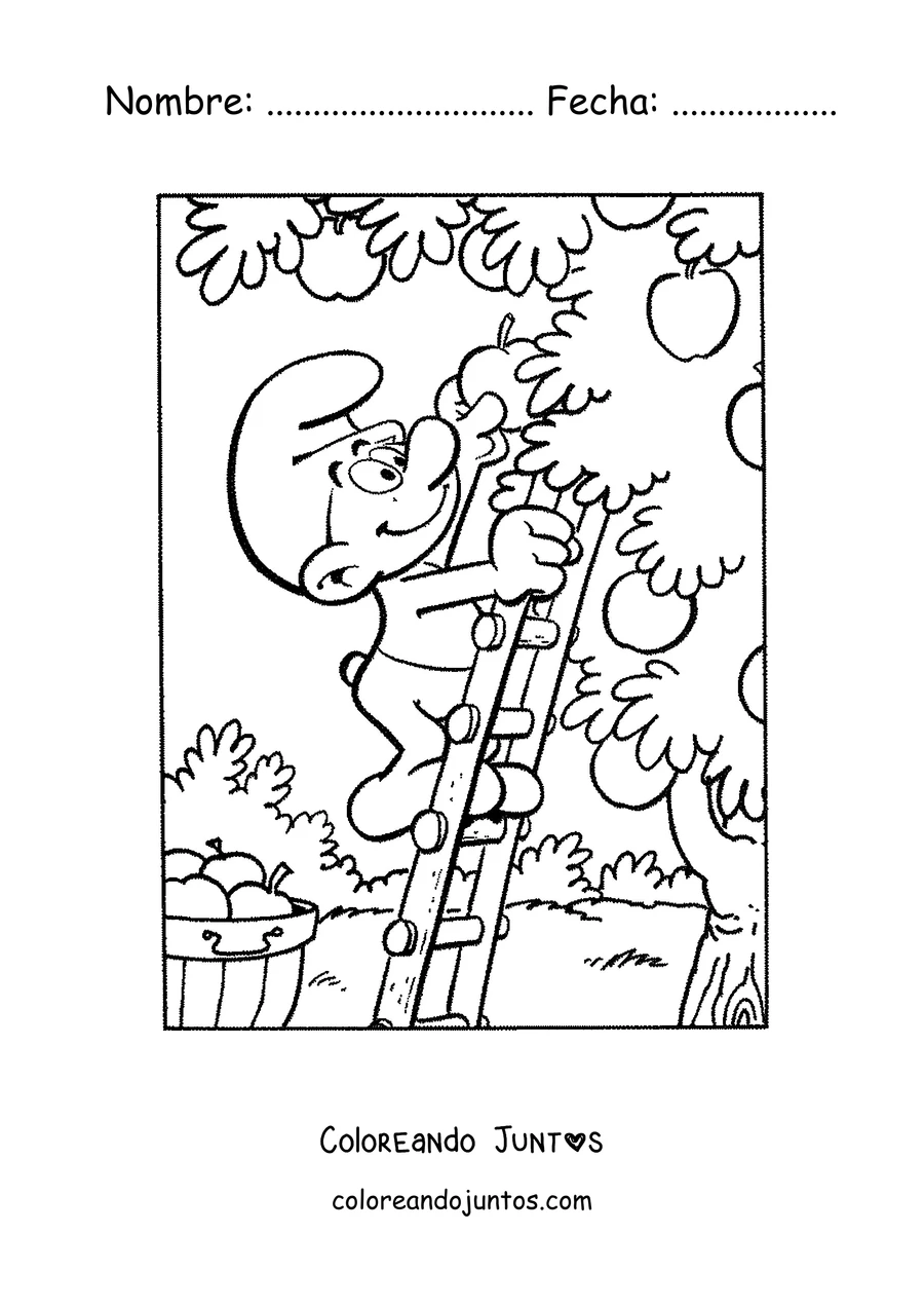 Imagen para colorear de un Pitufo recogiendo manzanas en una escalera