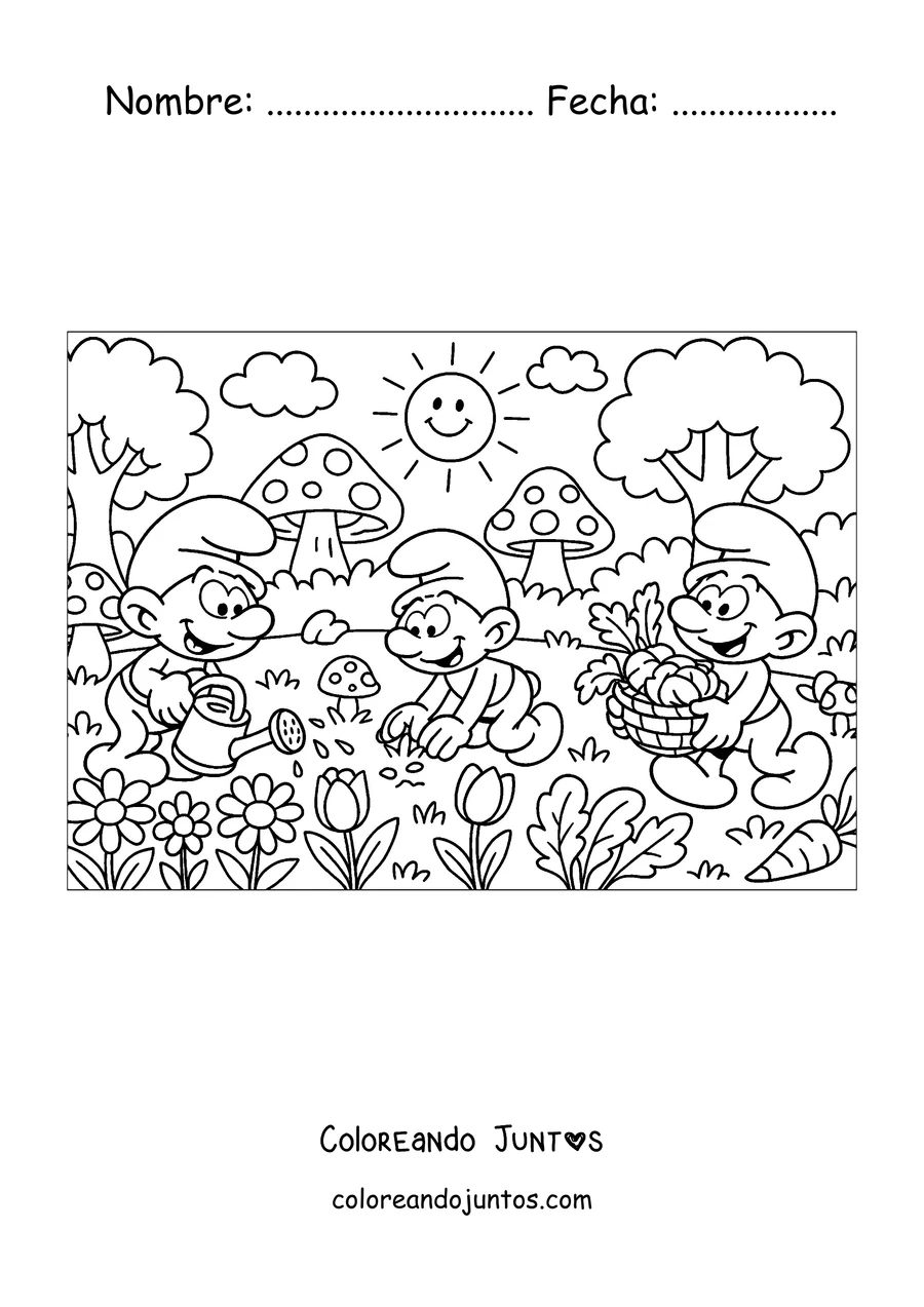 Imagen para colorear de tres Pitufos trabajando en la huerta