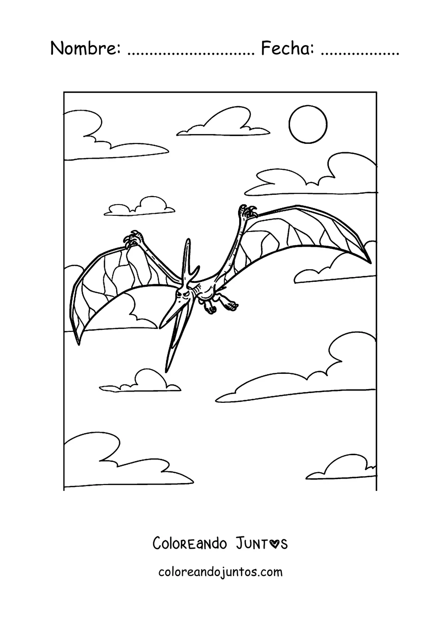 Imagen para colorear de un pterodáctilo volando con las alas bien extendidas