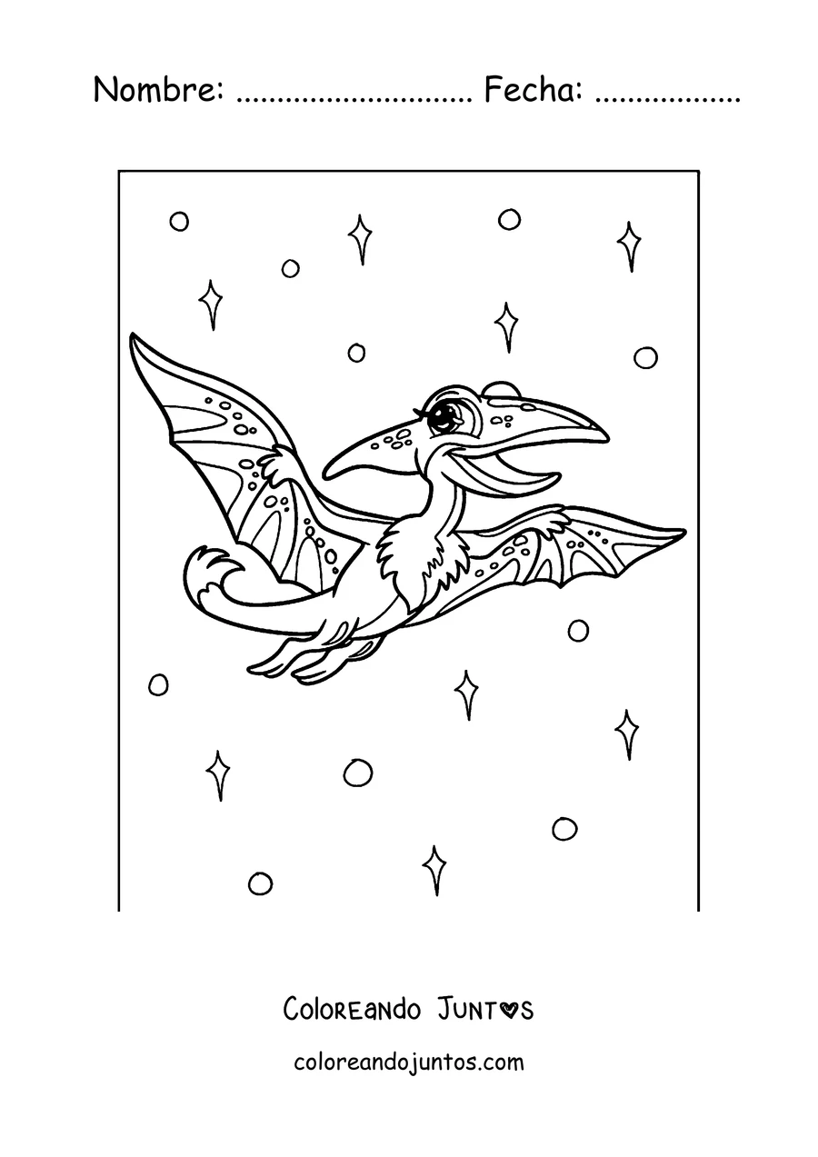 Imagen para colorear de un pterodáctilo de caricatura volando entre estrellas