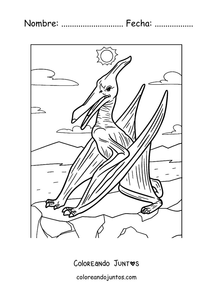 Imagen para colorear de un pterodáctilo de pie sobre un acantilado