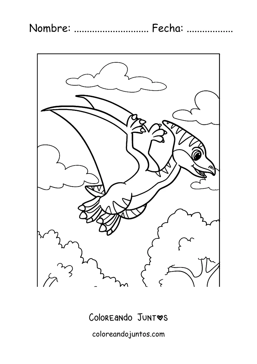 Imagen para colorear de un pterodáctilo kawaii volando sobre las colinas
