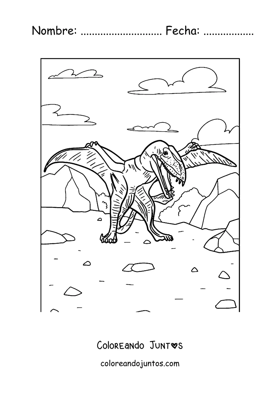 Imagen para colorear de un pterodáctilo de pie en el suelo con las alas abiertas