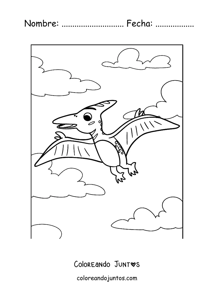 Imagen para colorear de un pterodáctilo tierno volando