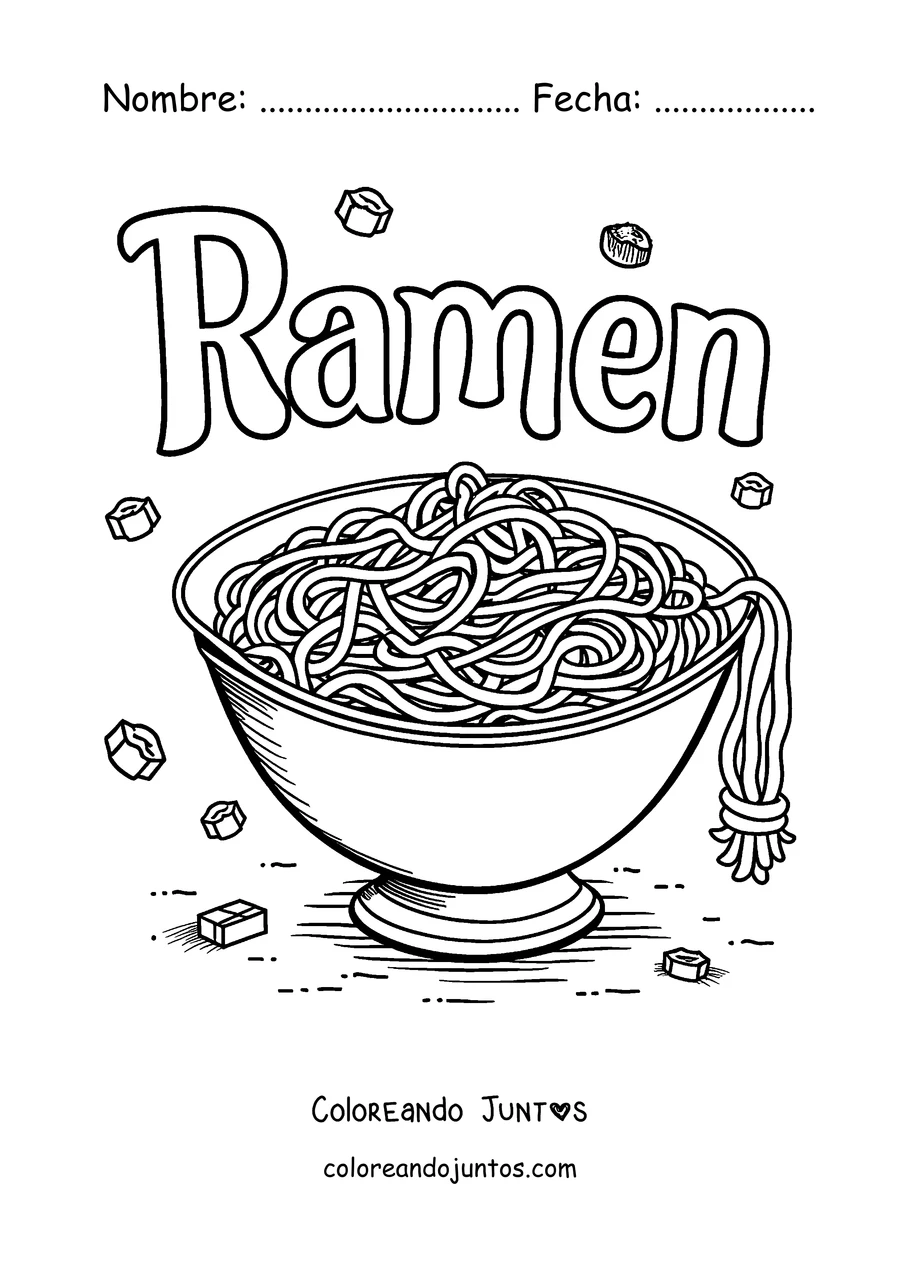Imagen para colorear de un cartel con la palabra Ramen y un tazón de fideos