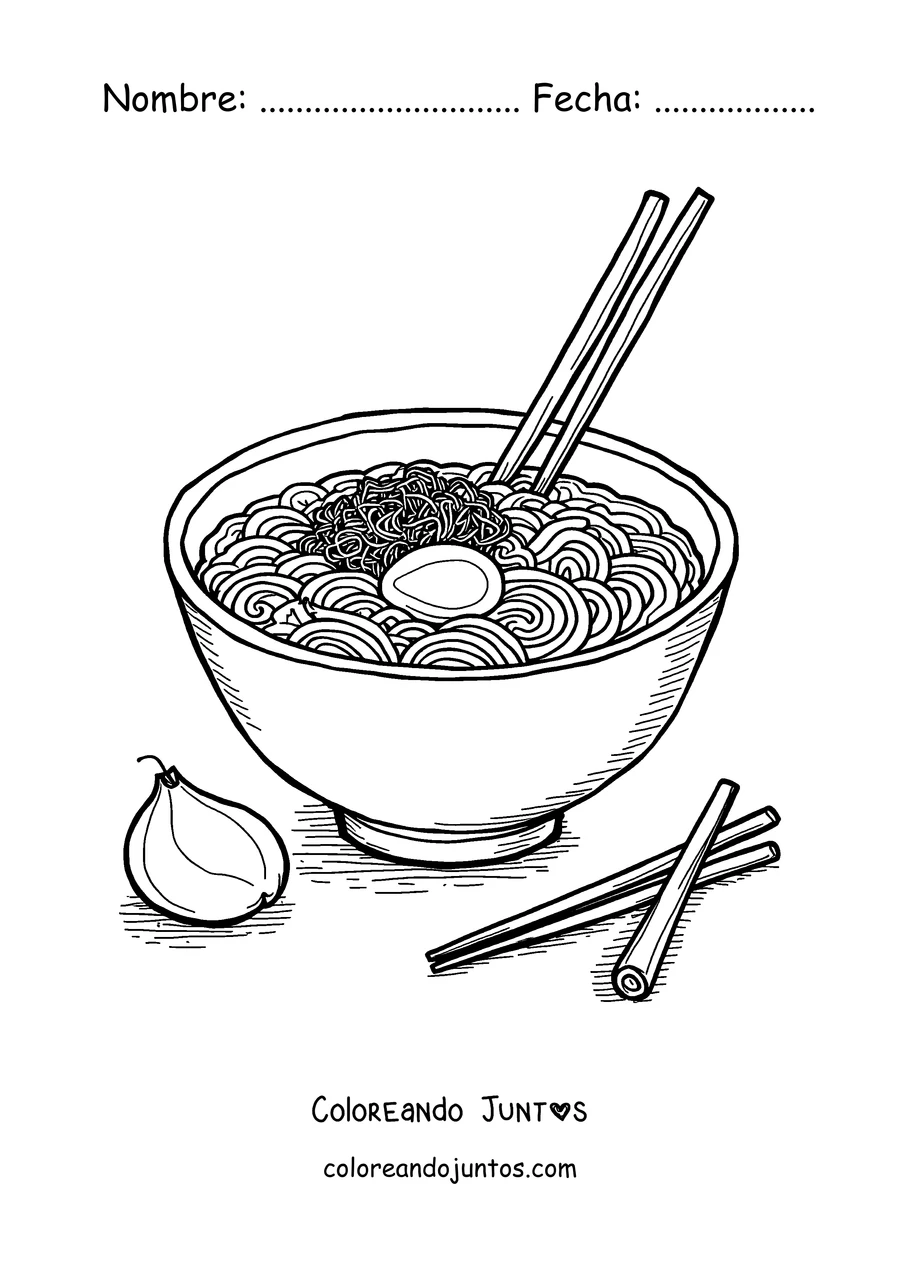 Imagen para colorear de un tazón de ramen con huevo, fideos y palillos