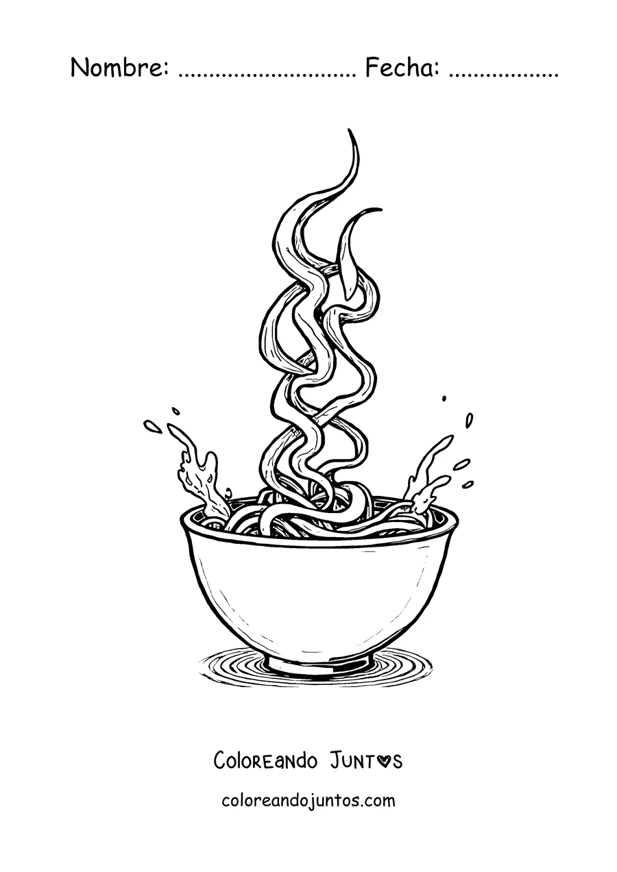 Imagen para colorear de un tazón de ramen con fideos y vapor subiendo en espiral