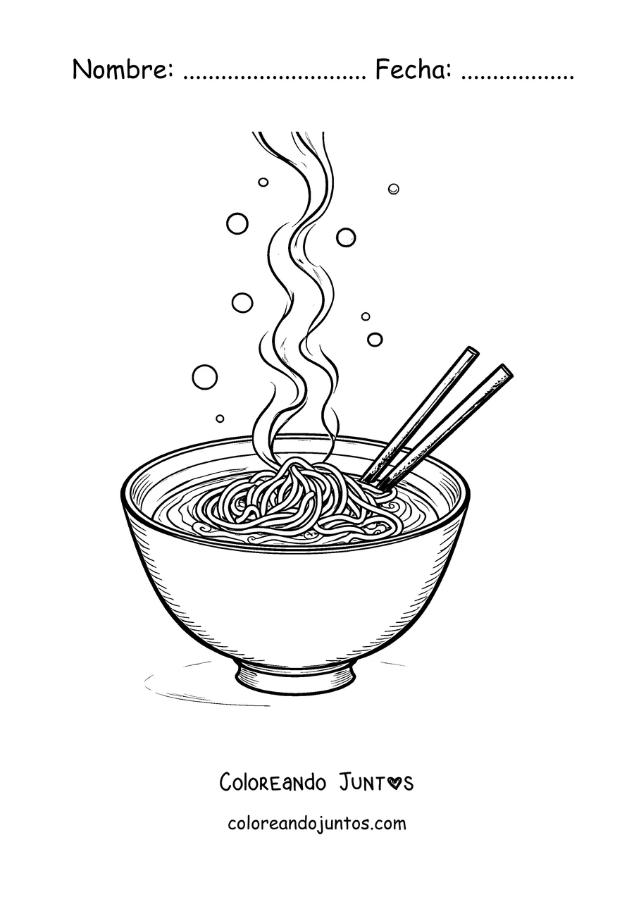 Imagen para colorear de un tazón de ramen humeante con palillos apoyados