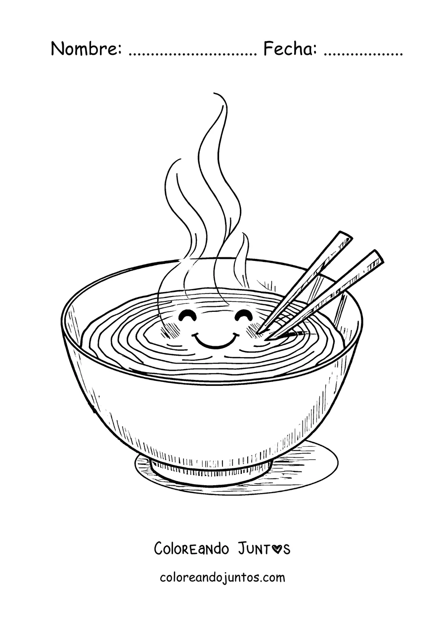 Imagen para colorear de un tazón de ramen kawaii con una carita sonriente
