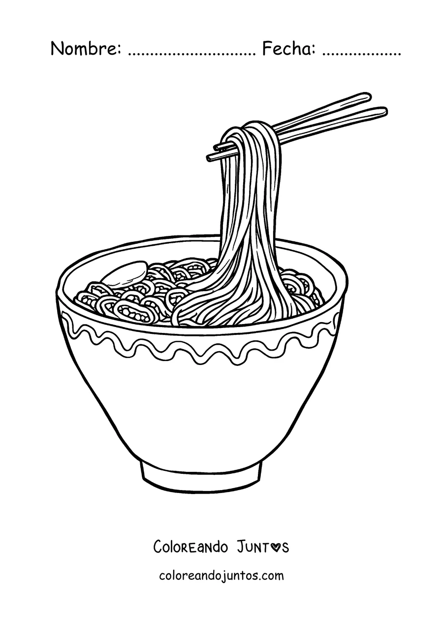 Imagen para colorear de unos palillos levantando fideos de un tazón de ramen