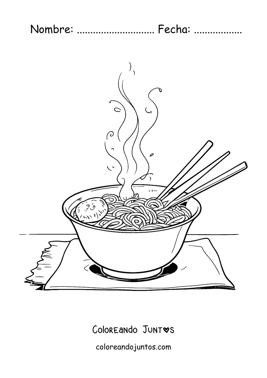 Imagen para colorear de un tazón de ramen con palillos y vapor