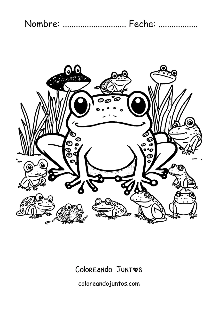 Imagen para colorear de una rana grande rodeada de muchas ranitas