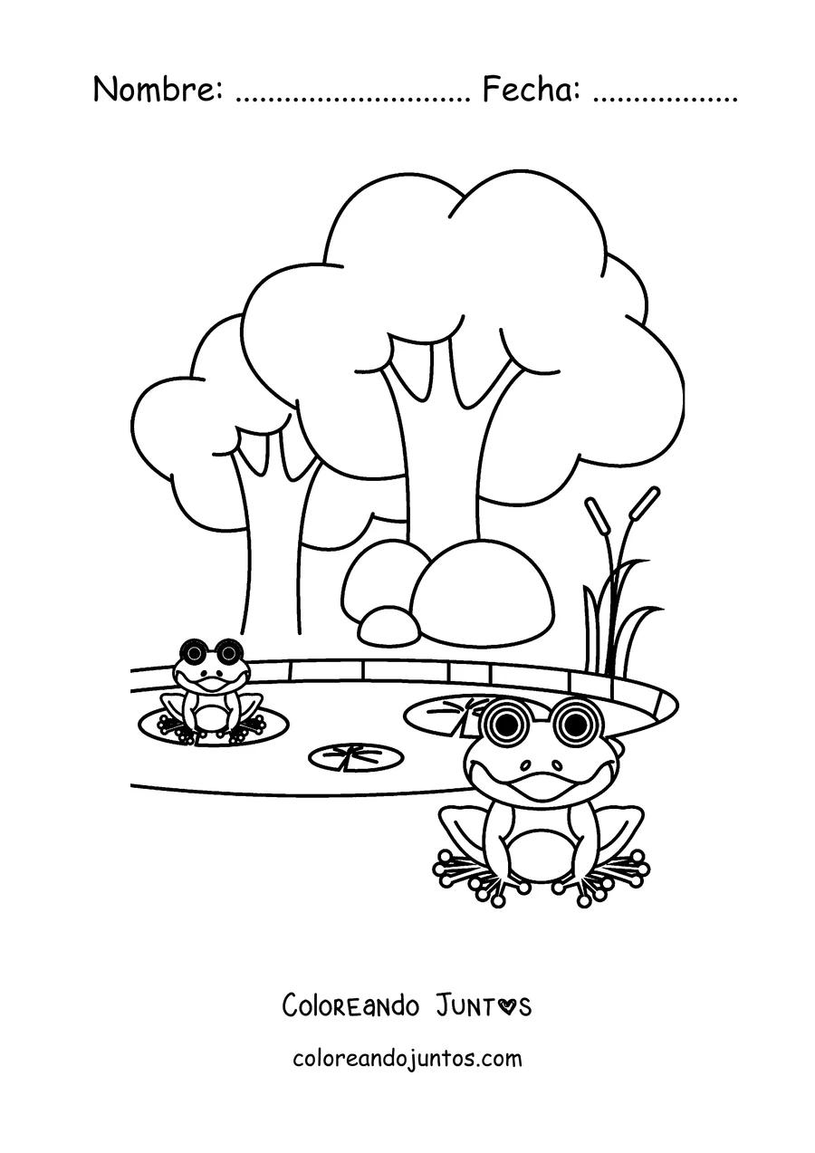 Imagen para colorear de una rana en un bosque de hongos