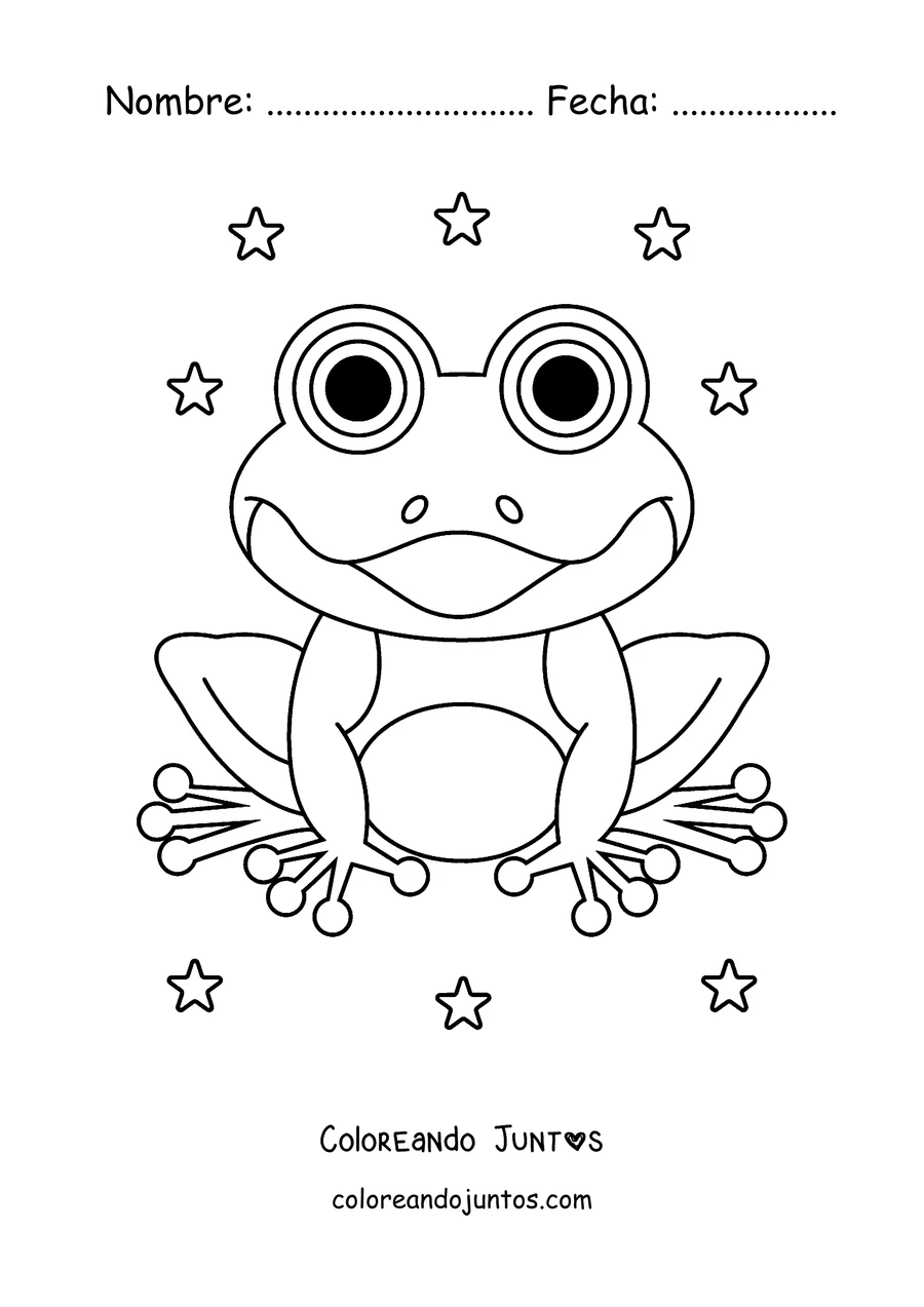 Imagen para colorear de una rana feliz en un nenúfar rodeada de estrellas