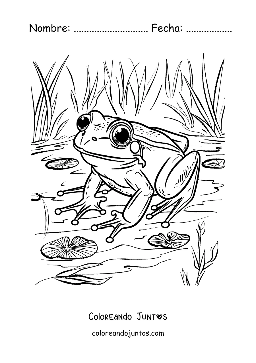 Imagen para colorear de una rana junto al estanque entre nenúfares