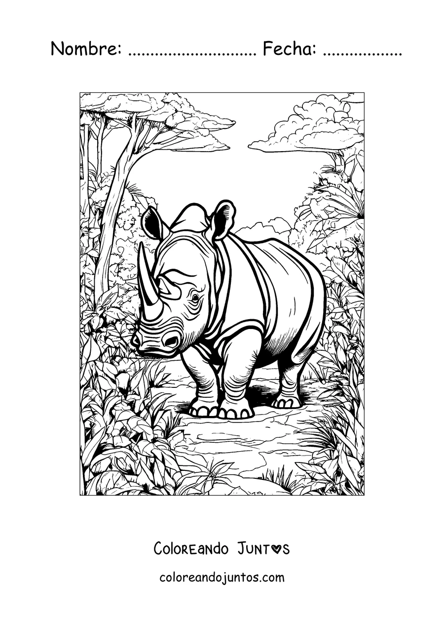 Imagen para colorear de un rinoceronte paseando por la selva