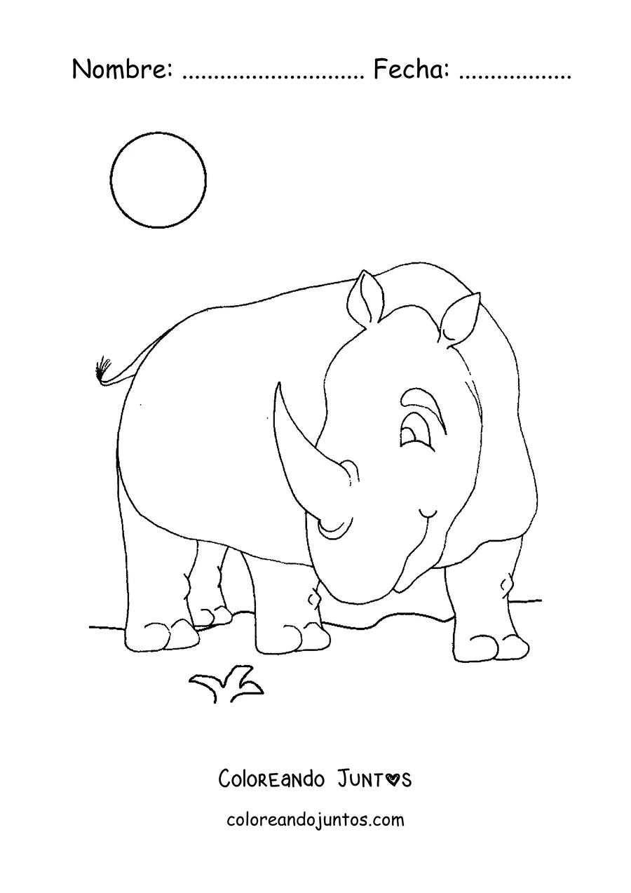 Imagen para colorear de un rinoceronte sonriente bajo el sol