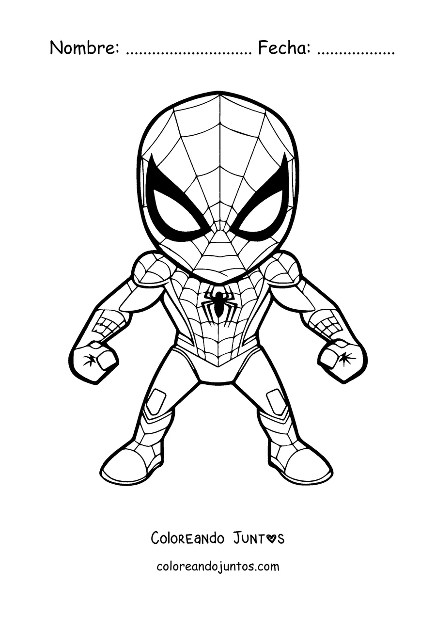 Imagen para colorear de un Spider-Man pequeño y simpático de pie con su traje