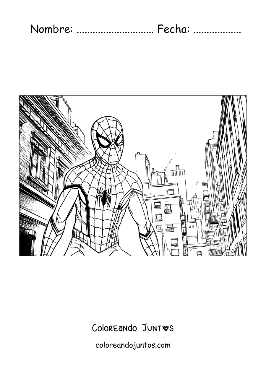 Imagen para colorear de Spider-Man de pie en una calle rodeada de edificios