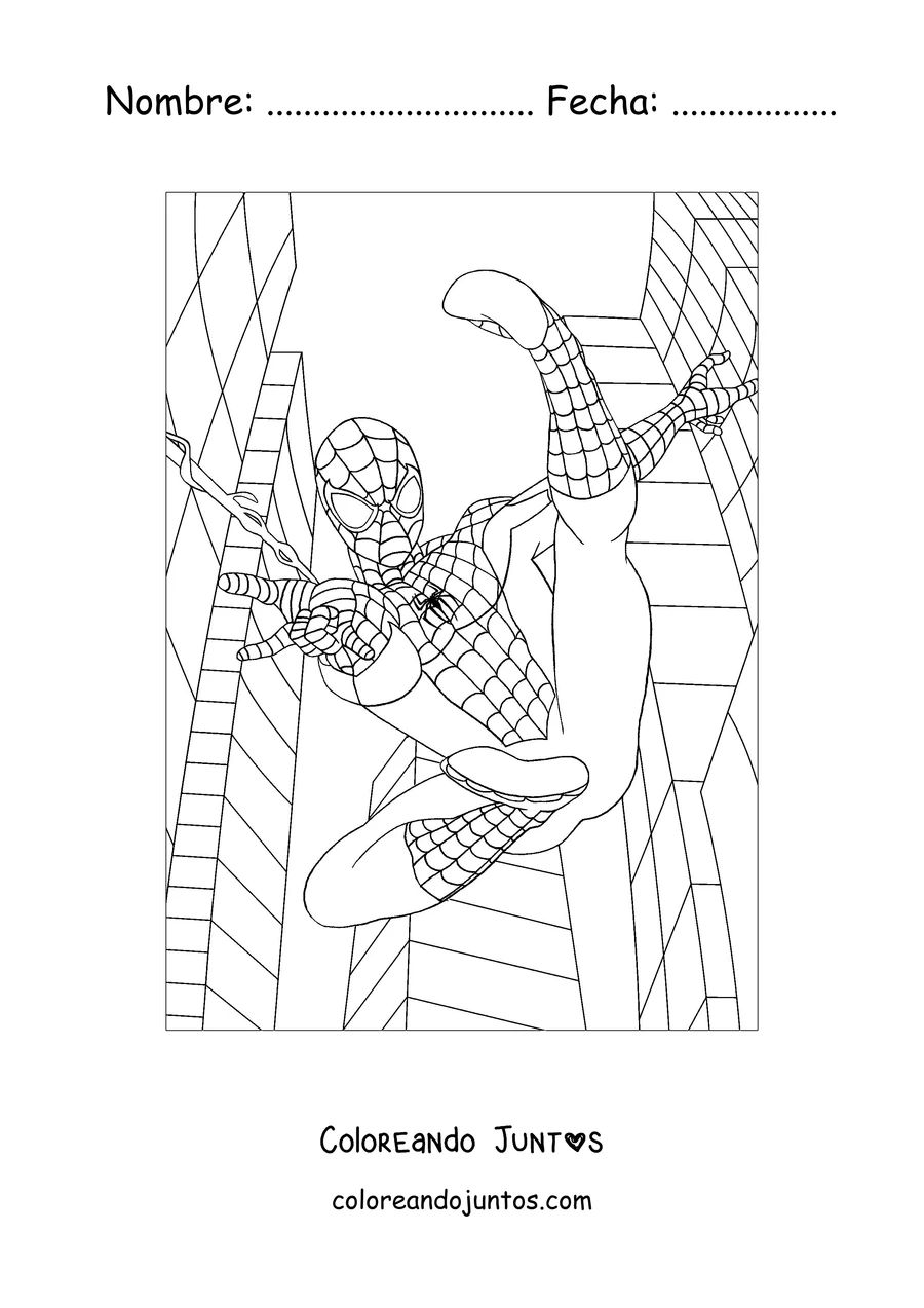 Imagen para colorear de Spider-Man trepando entre dos rascacielos muy altos