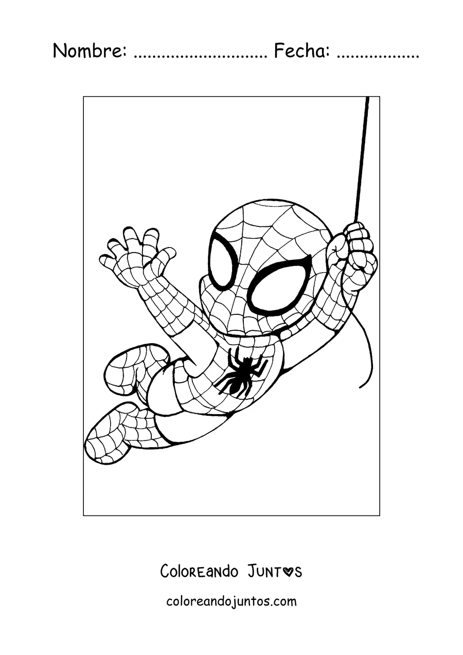 Imagen para colorear de un pequeño Spider-Man colgado y balanceándose de su telaraña